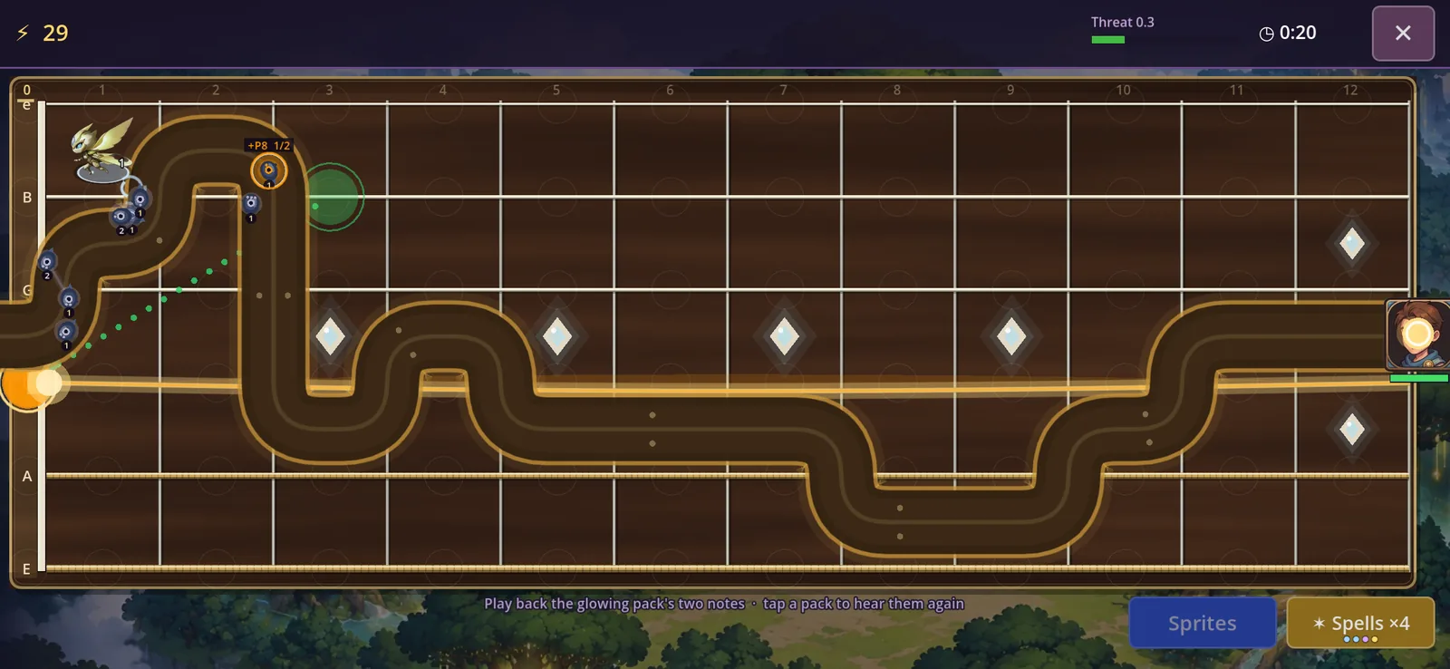 A dotted hint links a note to its partner on the fretboard as the hero fires